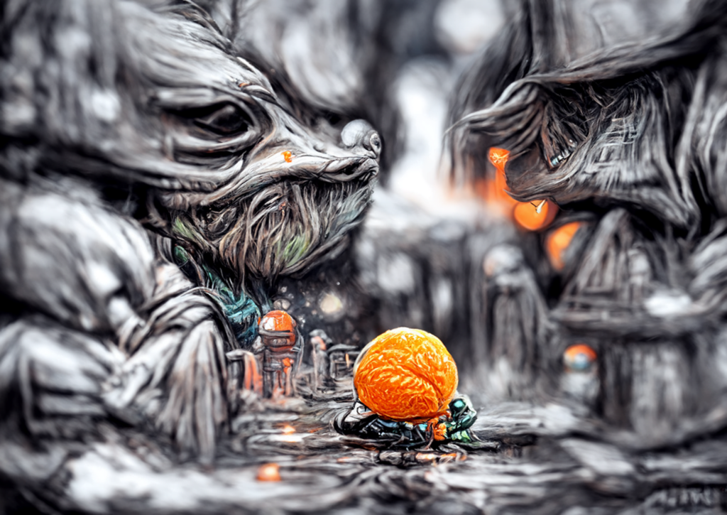 a mandarin orange in star wars talking to baby yoda space planet alien by dan mumford [Disco Diffusion v5] 980074044