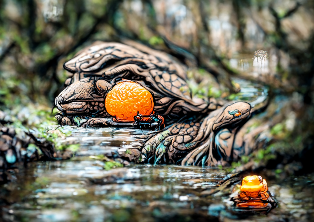 a mandarin orange on the back of a mythical toad next to a serene stream by dan mumford [Disco Diffusion v5] 66668125