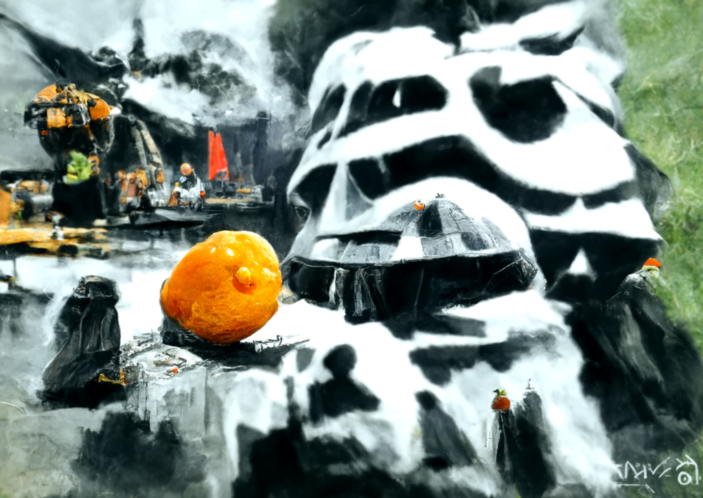a mandarin orange on the set of star wars with darth vader and yoda by chris foss trending on artstation [Disco Diffusion v5] 1138304003