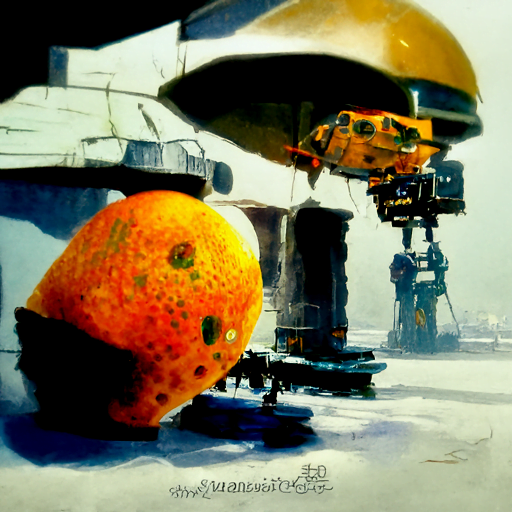 a mandarin orange on the set of star wars with humanoid robots by chris foss trending on artstation [Disco Diffusion v5] 639917694