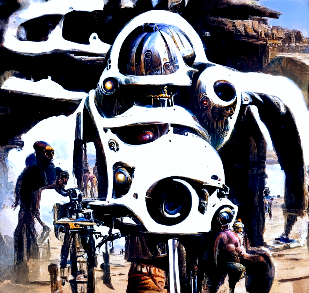 a mechanical cyclops on the set of star wars with humanoid robots by bruce pennington trending on artstation [Disco Diffusion v5] 1307438527
