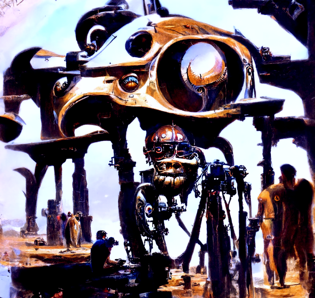 a mechanical cyclops on the set of star wars with humanoid robots by bruce pennington trending on artstation [Disco Diffusion v5] 1848346559