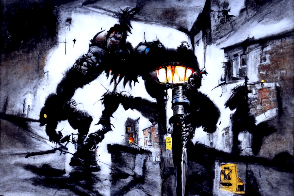 a monster made of blades in the dark crossing a cobbled lamp lit street by Simon Bisley [Disco Diffusion v5] 571480817