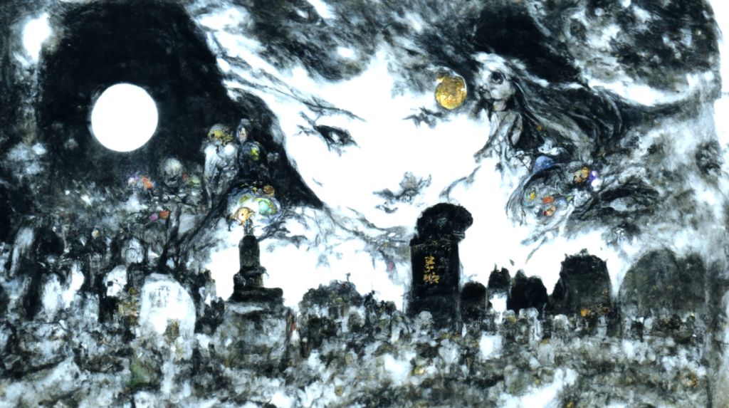 a moonlit graveyard with glowing magic from within the graves by Yoshitaka Amano magic realism [Disco Diffusion v5] 948997951