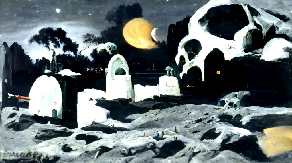 a painting of a beautiful moonlit graveyard at night with skeletons by Chesley Bonestell [Disco Diffusion v5] 1569640188