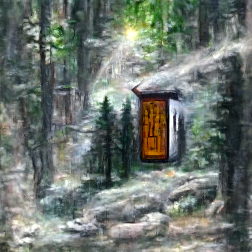 a painting of a cabin in a serene forest with the door to the cabin glowing with mystical light magical realism [Disco Diffusion v5] 113202187