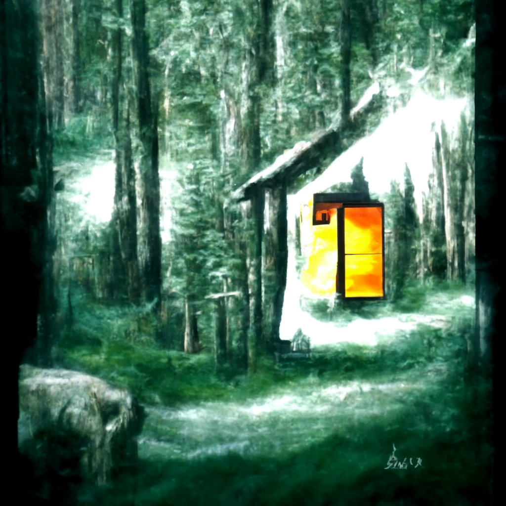 a painting of a cabin in a serene forest with the door to the cabin glowing with mystical light magical realism [Disco Diffusion v5] 1620264494