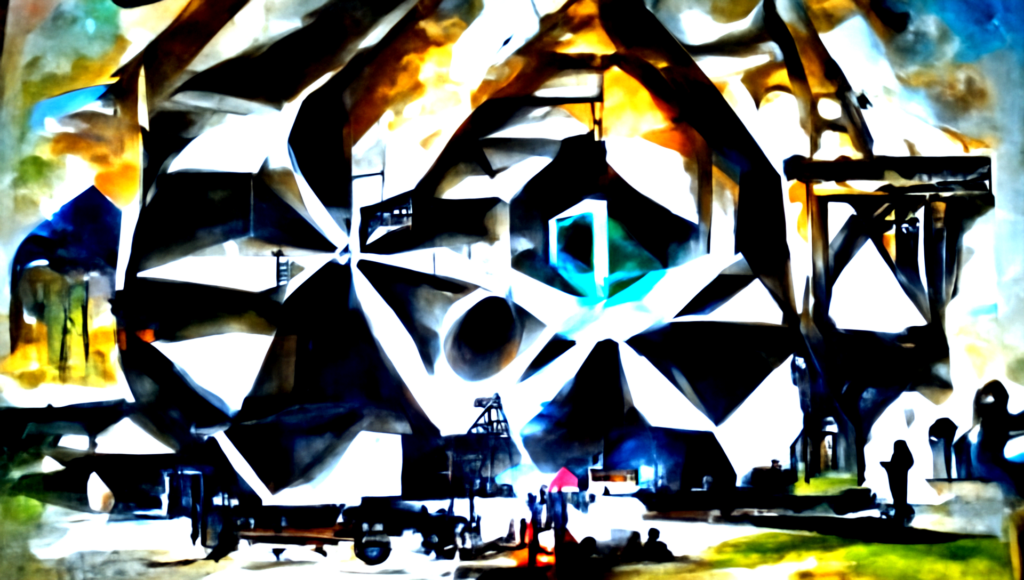a painting of a huge mechanical structure 200ft away with a glowing portal inside sacred geometry chillwave [Disco Diffusion v5] 1496791882