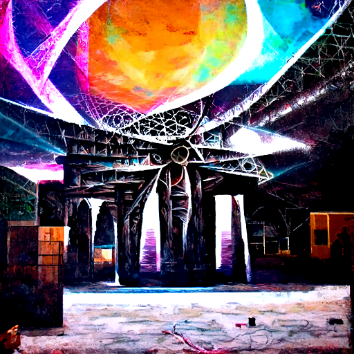 a painting of a huge mechanical structure 200ft away with a glowing portal inside sacred geometry chillwave [Disco Diffusion v5] 1518336464