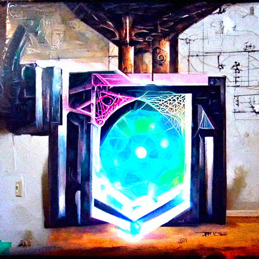 a painting of a mechanical structure with a glowing portal inside sacred geometry chillwave [Disco Diffusion v5] 39638660