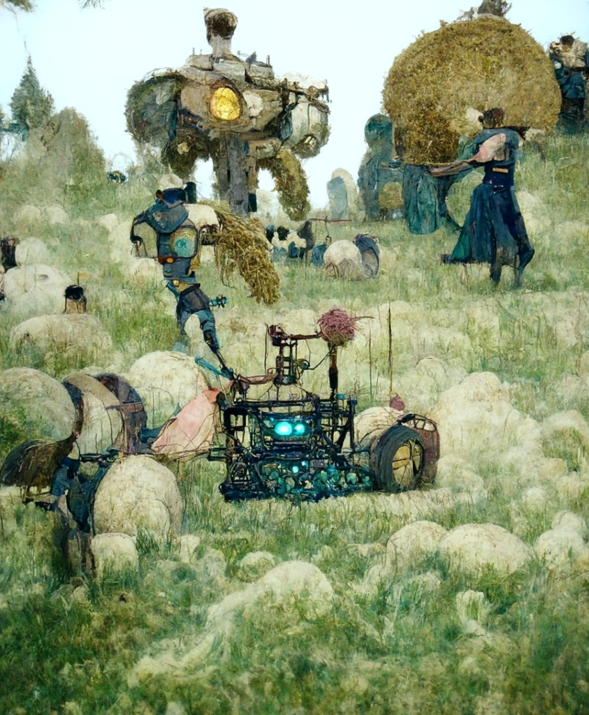 a robot machine farming a beautiful field of hay by Edmund Dulac trending on artstation [Disco Diffusion v5] 1025564886