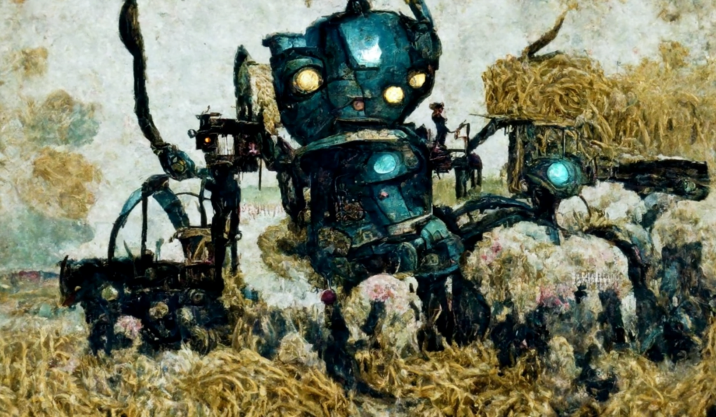 a robot machine farming a beautiful field of hay by Edmund Dulac trending on artstation [Disco Diffusion v5] 1141296860