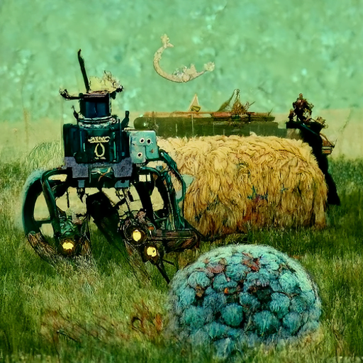 a robot machine farming a beautiful field of hay by Edmund Dulac trending on artstation [Disco Diffusion v5] 1367622618