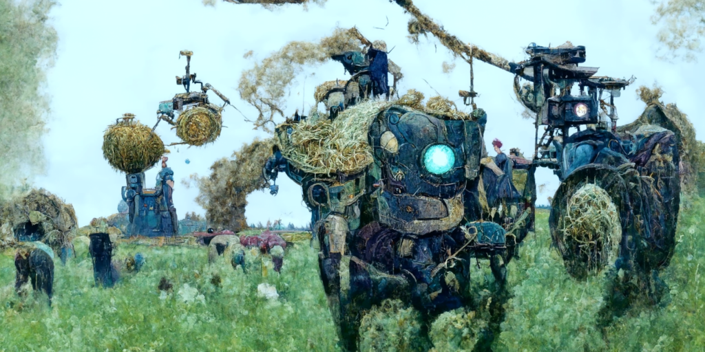 a robot machine farming a beautiful field of hay by Edmund Dulac trending on artstation [Disco Diffusion v5] 1697508618