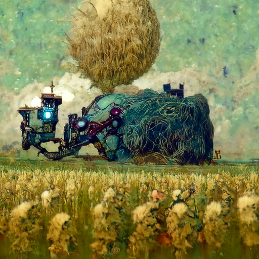 a robot machine farming a beautiful field of hay by Edmund Dulac trending on artstation [Disco Diffusion v5] 1746425275