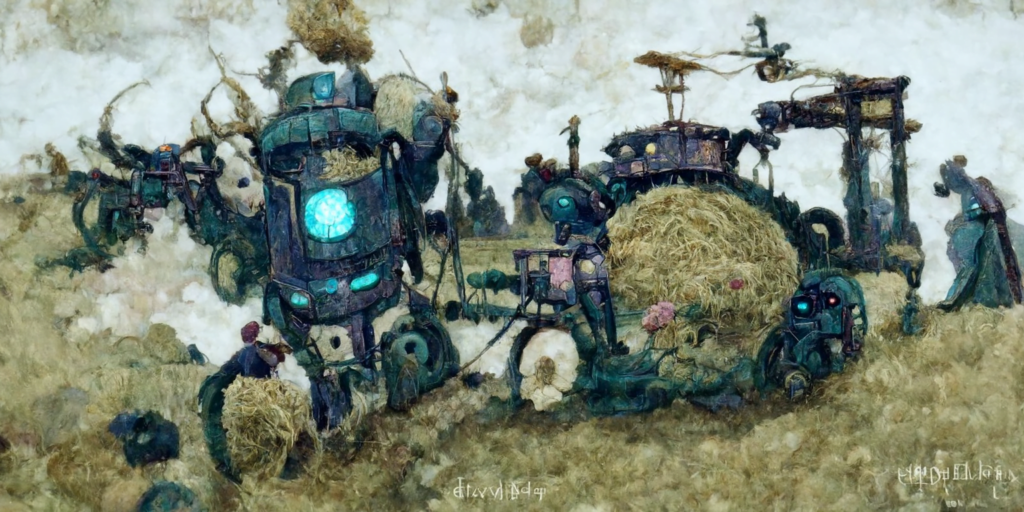 a robot machine farming a beautiful field of hay by Edmund Dulac trending on artstation [Disco Diffusion v5] 185474528