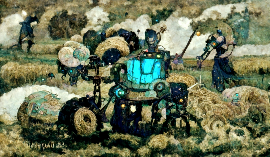 a robot machine farming a beautiful field of hay by Edmund Dulac trending on artstation [Disco Diffusion v5] 1948105650