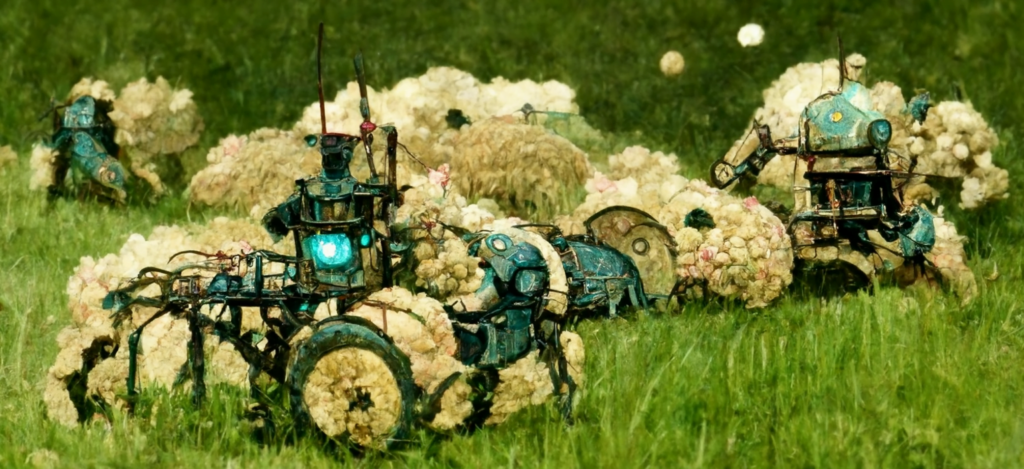 a robot machine farming a beautiful field of hay by Edmund Dulac trending on artstation [Disco Diffusion v5] 22494262