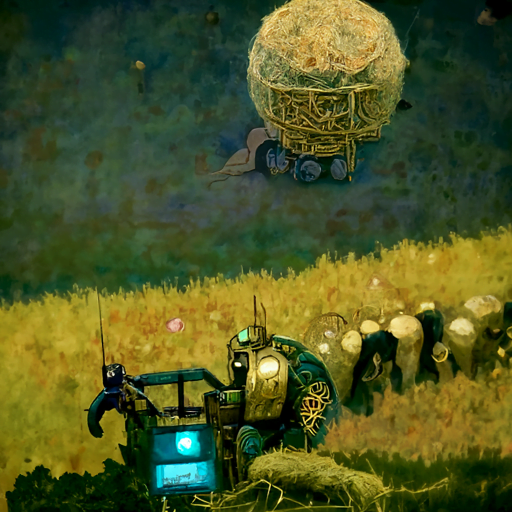 a robot machine farming a beautiful field of hay by Edmund Dulac trending on artstation [Disco Diffusion v5] 439984534