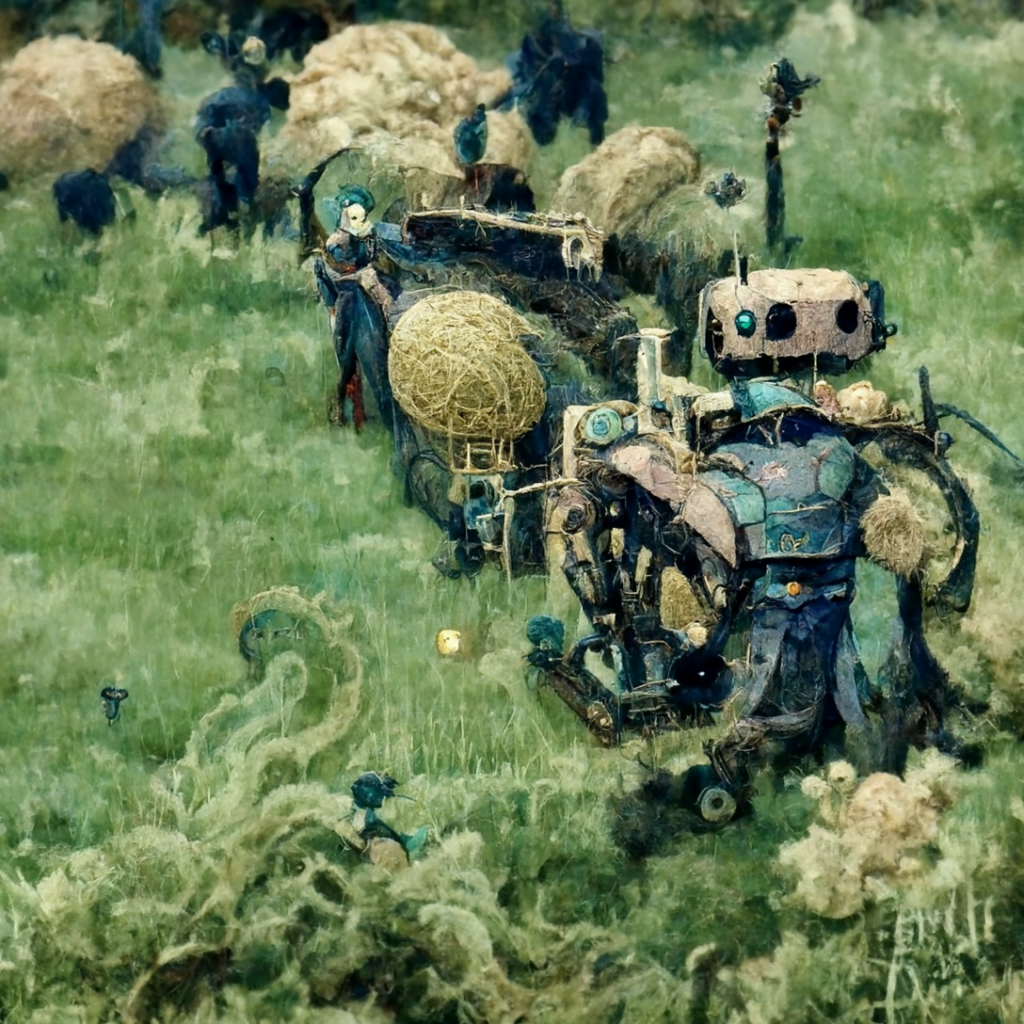 a robot machine farming a beautiful field of hay by Edmund Dulac trending on artstation [Disco Diffusion v5] 708445125