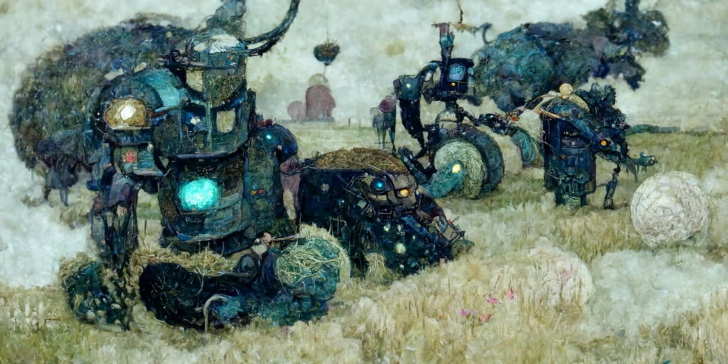 a robot machine farming a beautiful field of hay by Edmund Dulac trending on artstation [Disco Diffusion v5] 822654581