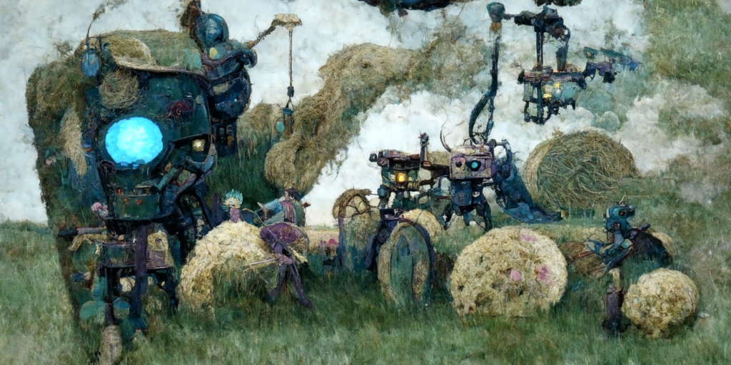 a robot machine farming a beautiful field of hay by Edmund Dulac trending on artstation [Disco Diffusion v5] 965988634
