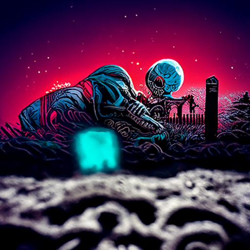 a single skeleton monster emerging from a grave with an anaglyphic geometric tombstone and a moon in the night sky by dan mumford [Disco Diffusion v5] 11706949