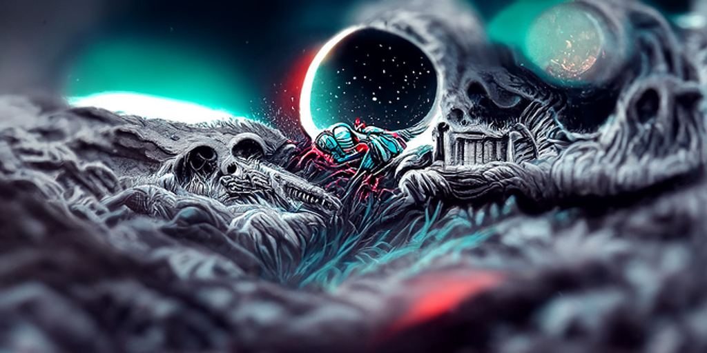 a single skeleton monster emerging from a grave with an anaglyphic geometric tombstone and a moon in the night sky by dan mumford [Disco Diffusion v5] 1217170210