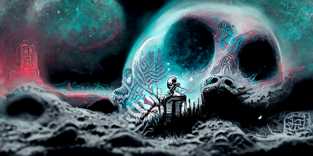 a single skeleton monster emerging from a grave with an anaglyphic geometric tombstone and a moon in the night sky by dan mumford [Disco Diffusion v5] 1244317031
