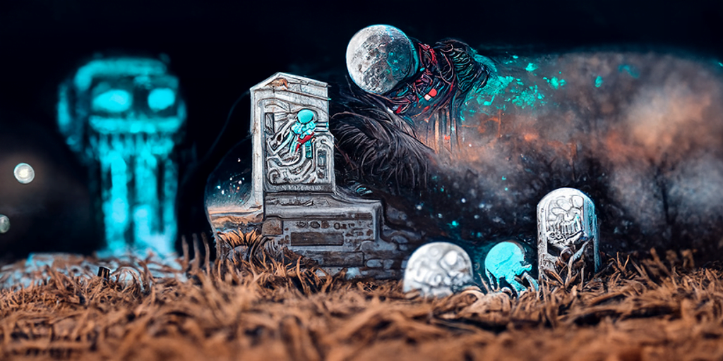 a single skeleton monster emerging from a grave with an anaglyphic geometric tombstone and a moon in the night sky by dan mumford [Disco Diffusion v5] 1285781902