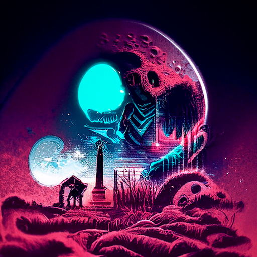 a single skeleton monster emerging from a grave with an anaglyphic geometric tombstone and a moon in the night sky by dan mumford [Disco Diffusion v5] 1348269158
