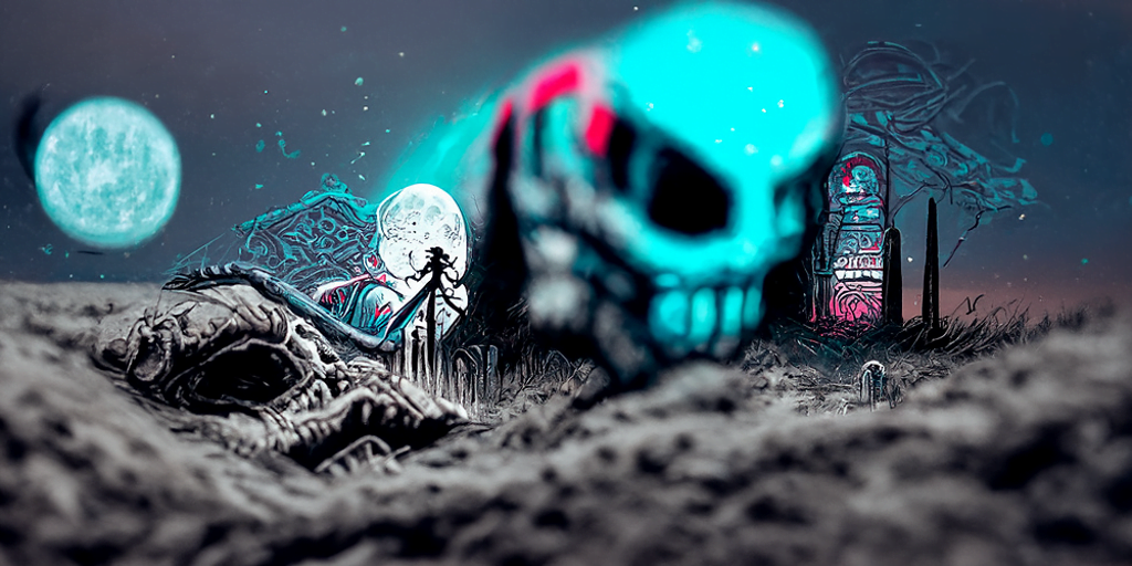 a single skeleton monster emerging from a grave with an anaglyphic geometric tombstone and a moon in the night sky by dan mumford [Disco Diffusion v5] 139822124