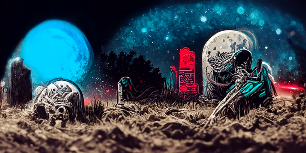a single skeleton monster emerging from a grave with an anaglyphic geometric tombstone and a moon in the night sky by dan mumford [Disco Diffusion v5] 1629861443