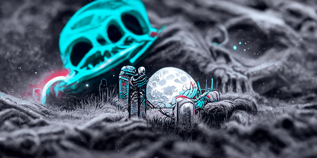 a single skeleton monster emerging from a grave with an anaglyphic geometric tombstone and a moon in the night sky by dan mumford [Disco Diffusion v5] 182091390