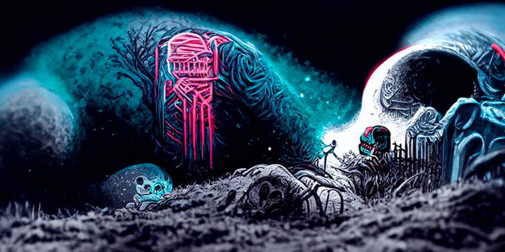 a single skeleton monster emerging from a grave with an anaglyphic geometric tombstone and a moon in the night sky by dan mumford [Disco Diffusion v5] 1988881926