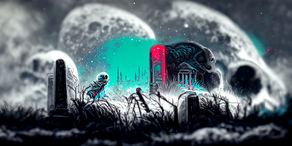 a single skeleton monster emerging from a grave with an anaglyphic geometric tombstone and a moon in the night sky by dan mumford [Disco Diffusion v5] 528740429