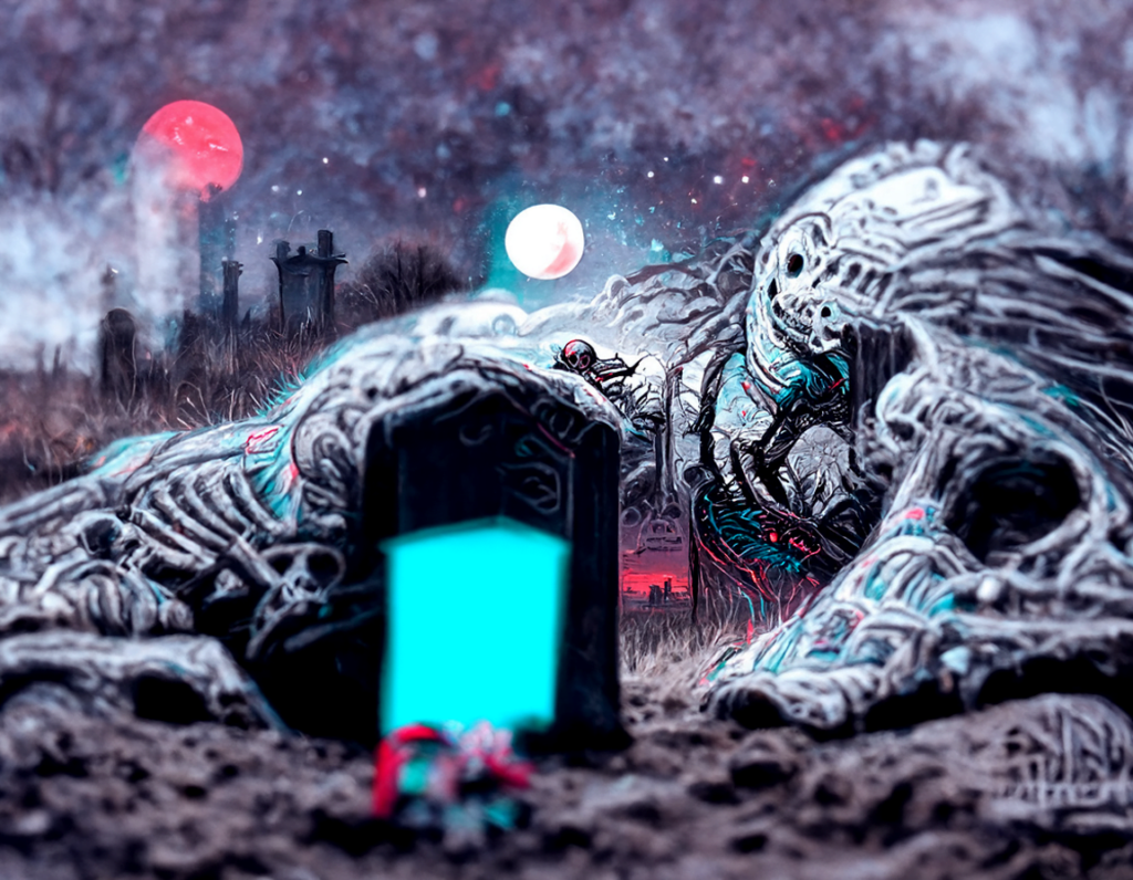 a single skeleton monster emerging from a grave with an anaglyphic geometric tombstone and a moon in the night sky by dan mumford [Disco Diffusion v5] 87827599