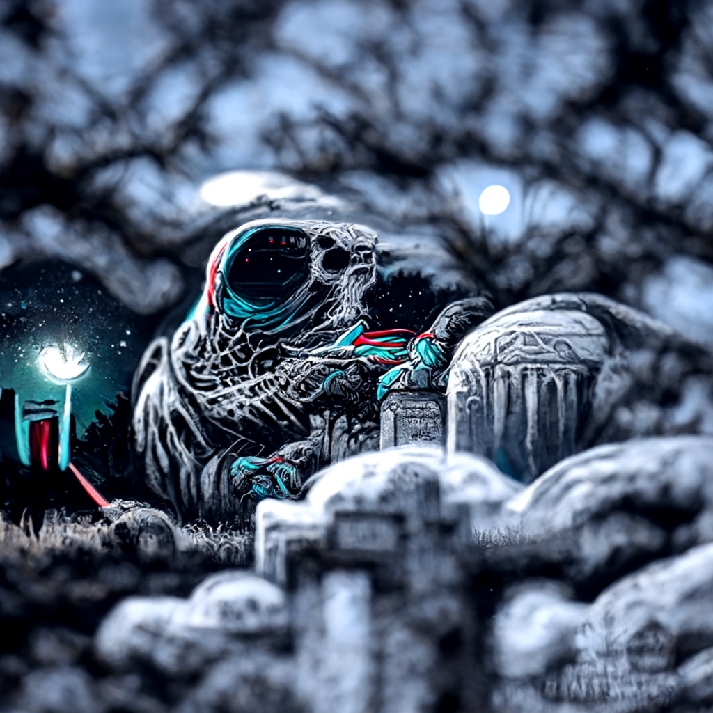 a single skeleton monster emerging from a grave with an anaglyphic geometric tombstone and a moon in the night sky by dan mumford [Disco Diffusion v5] 972092934
