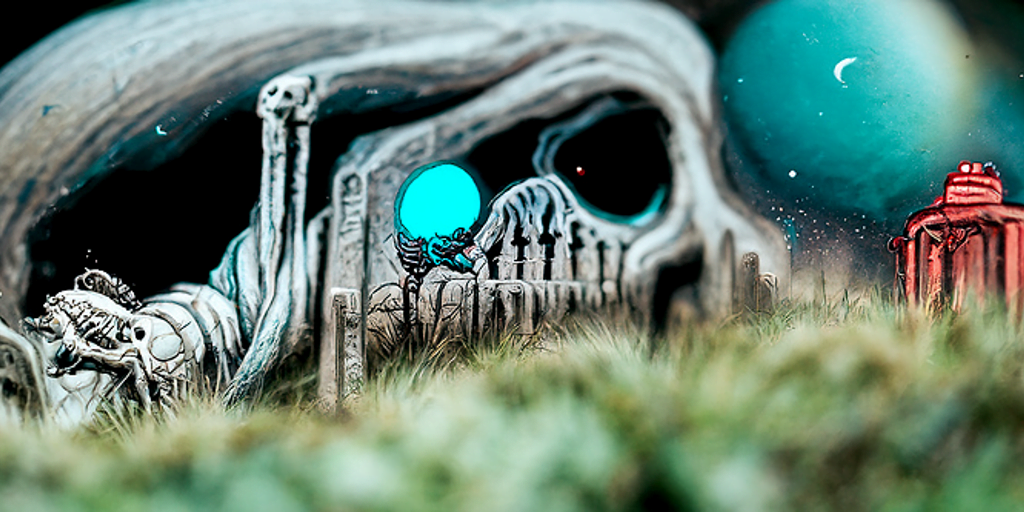 a single skeleton monster emerging from a grave with an anaglyphic geometric tombstone and a moon in the night sky by dan mumford [Disco Diffusion v5] 99651425
