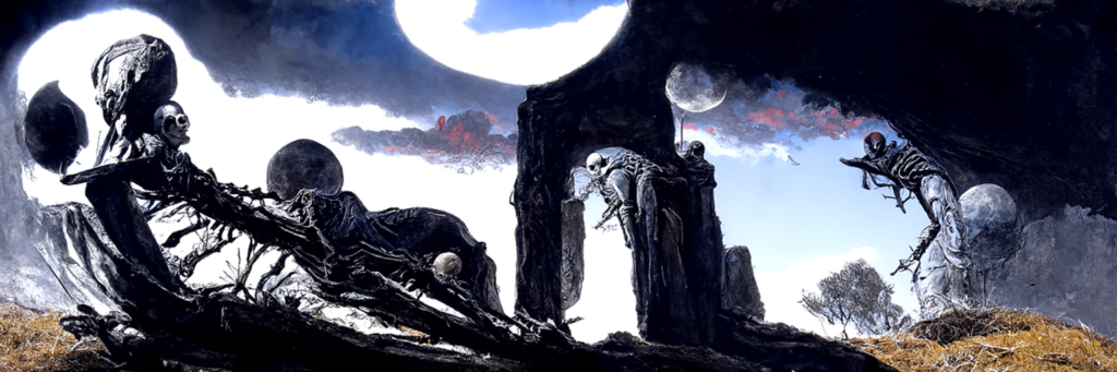 a skeleton emerging from a grave with moon overhead by Wayne Barlowe and gustave dore trending on artstation death [Disco Diffusion v5] 474632841
