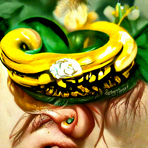 a small circular band with two golden serpents with emerald eyes, One devouring, the other crowned with golden flowers hyperrealism trending on artstation [Disco Diffusion v5] 1649030931