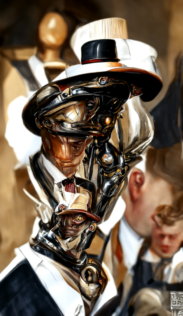 a vintage humanoid robot in a pinstripe suit and trilby hat by JC Leyendecker trending on artstation [Disco Diffusion v5] 1057740566