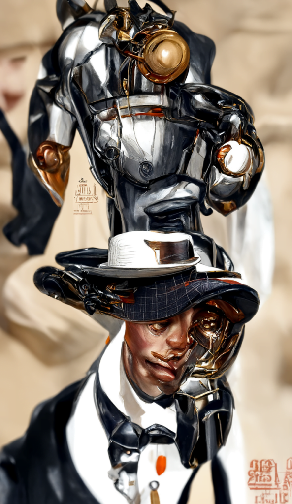 a vintage humanoid robot in a pinstripe suit and trilby hat by JC Leyendecker trending on artstation [Disco Diffusion v5] 1208354153