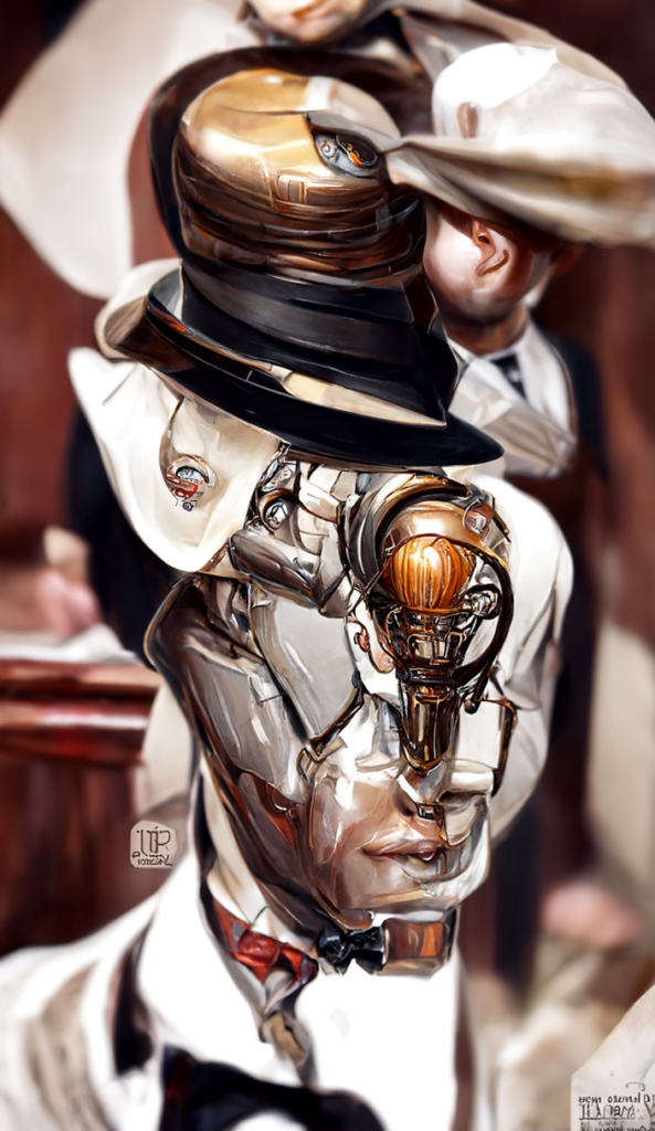 a vintage humanoid robot in a pinstripe suit and trilby hat by JC Leyendecker trending on artstation [Disco Diffusion v5] 549993974