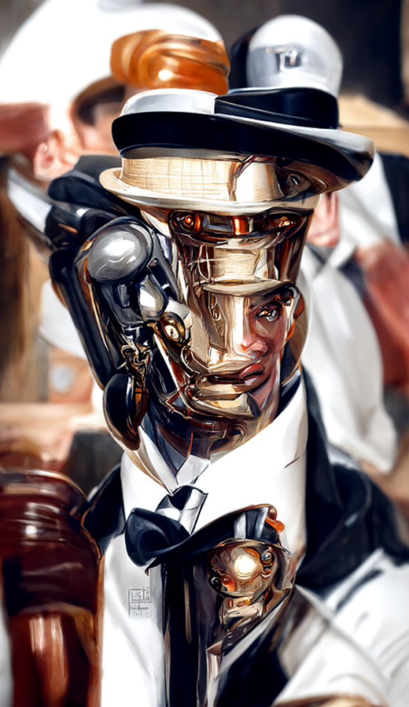 a vintage humanoid robot in a pinstripe suit and trilby hat by JC Leyendecker trending on artstation [Disco Diffusion v5] 575058842