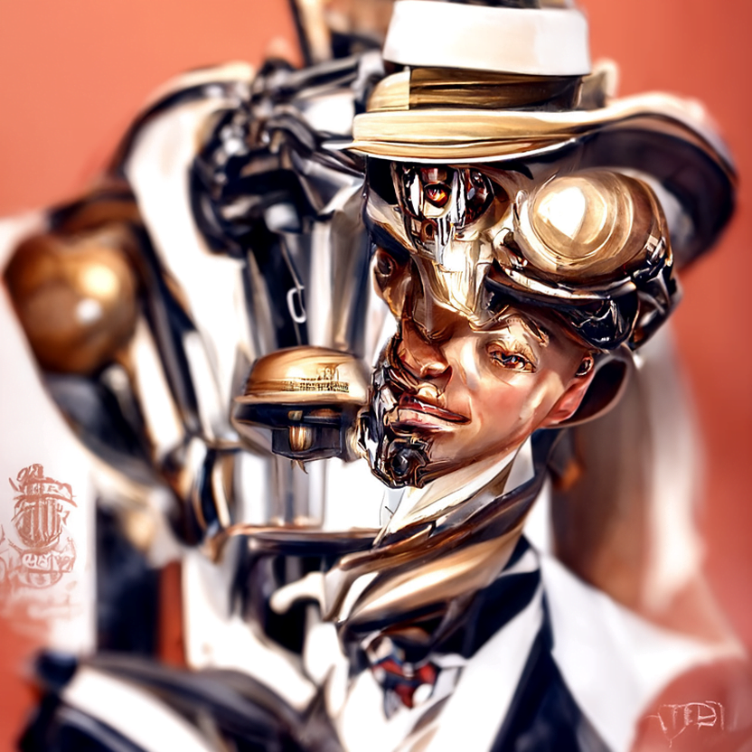 a vintage humanoid robot in a pinstripe suit and trilby hat with mechanical face by JC Leyendecker trending on artstation [Disco Diffusion v5] 89081138