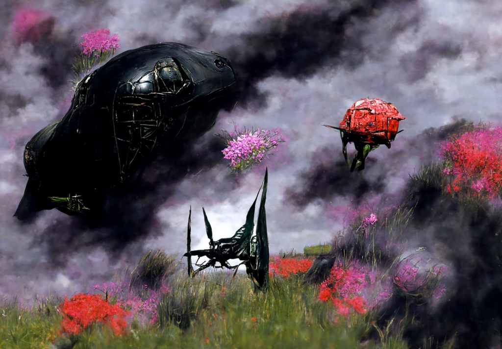 an ancient spacecraft in a peaceful green field of flowers by Wayne Barlowe trending on artstation dark colors [Disco Diffusion v5] 122155854