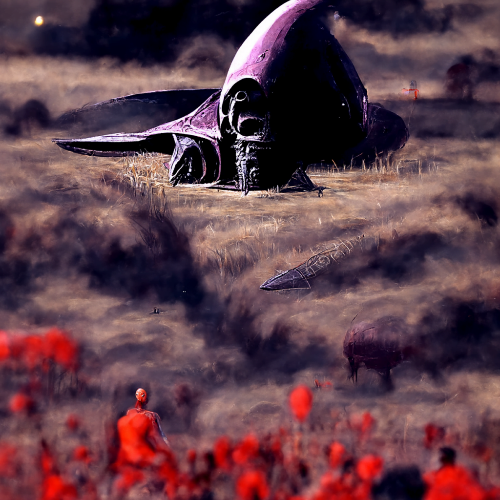 an ancient spacecraft in a serene field by Wayne Barlowe trending on artstation [Disco Diffusion v5] 1615631663