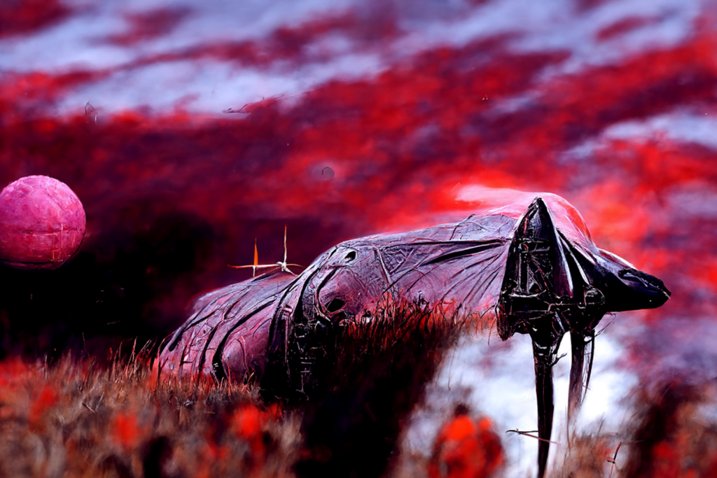 an ancient spacecraft in a serene field by Wayne Barlowe trending on artstation [Disco Diffusion v5] 566081836