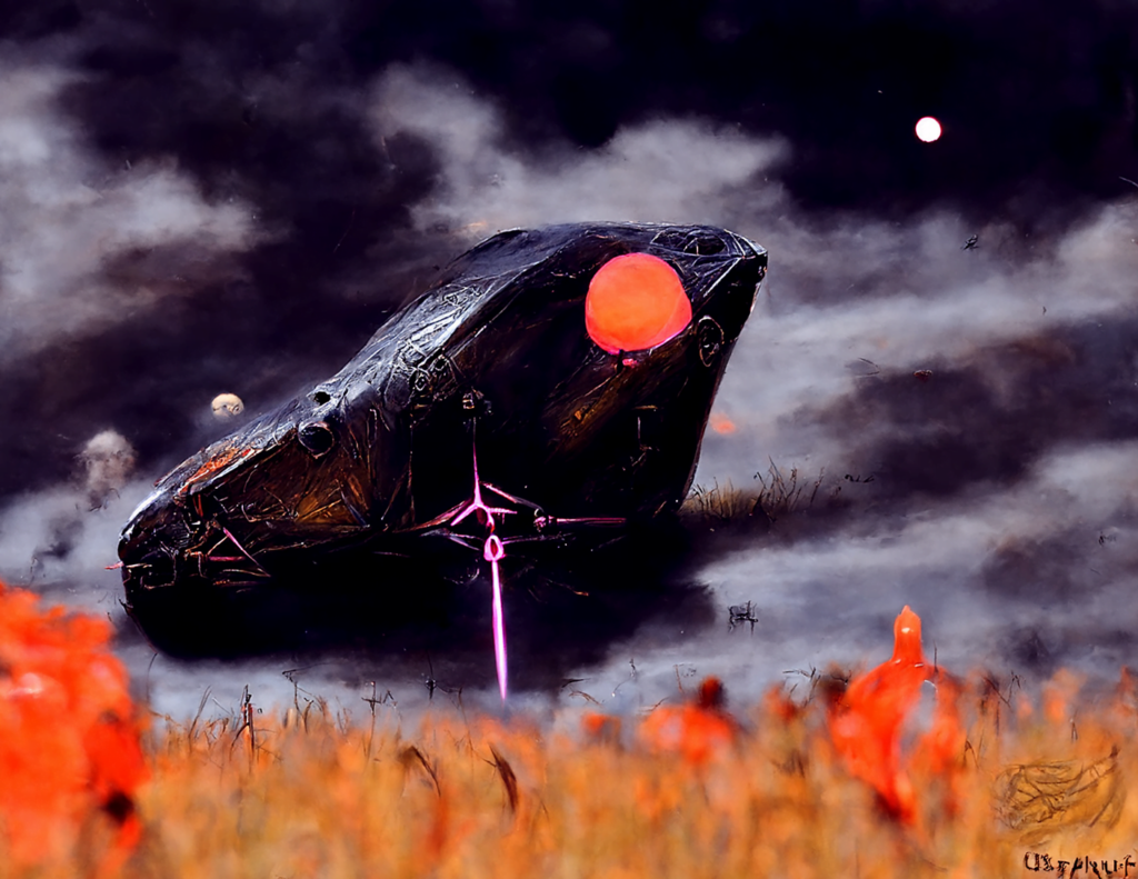 an ancient spacecraft with glowing lights in a serene field by Wayne Barlowe trending on artstation [Disco Diffusion v5] 1026354946